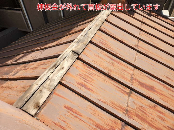 棟板金が外れています