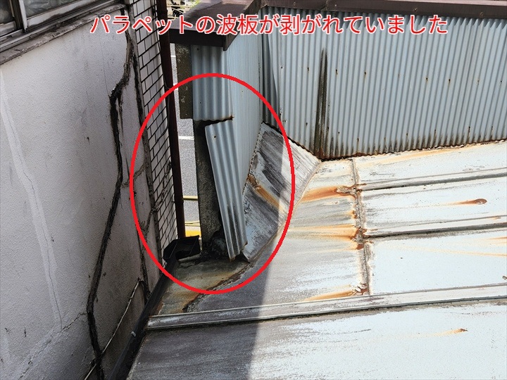 パラペットの波板の剥がれ