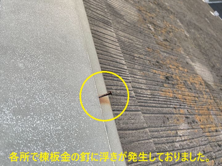 各所で棟板金の釘に浮きが発生しておりました。