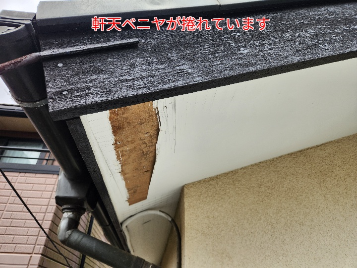 軒天ベニヤが捲れています