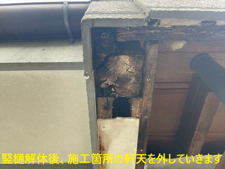 竪樋解体後、施工箇所の軒天を外していきます