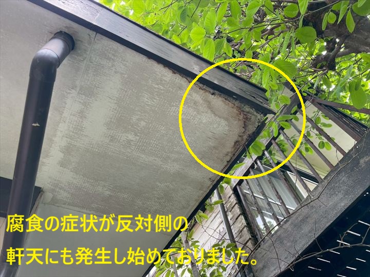 腐食の進行が反対側の軒天にも発生し始めておりました。