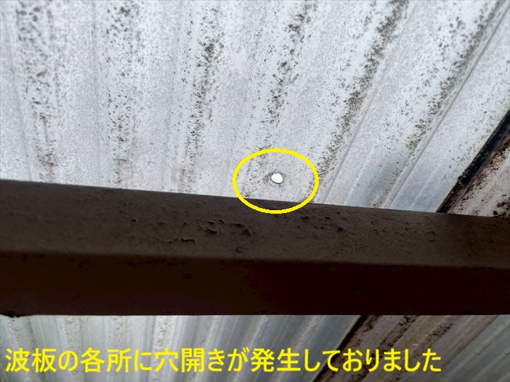 波板の各所に穴開きが発生しておりました