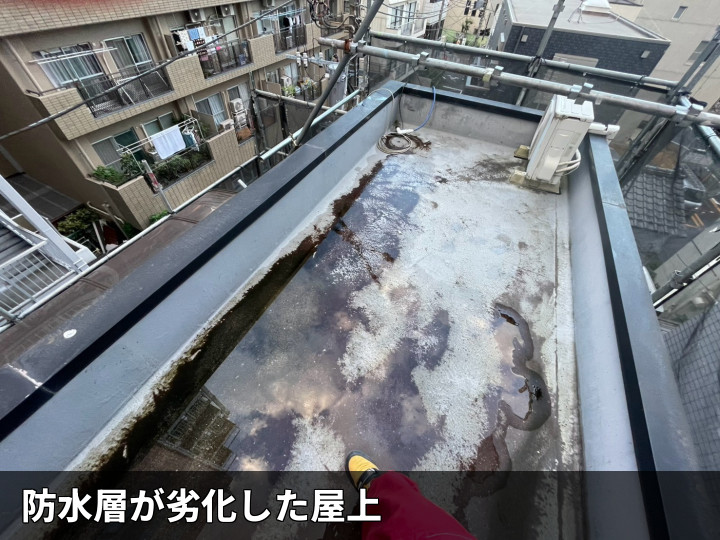 劣化した屋上防水全景